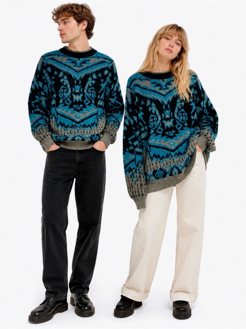 Vintage 80s 90s Permit Teal Black Gray Aztec Unisex Oversized Sweater / M